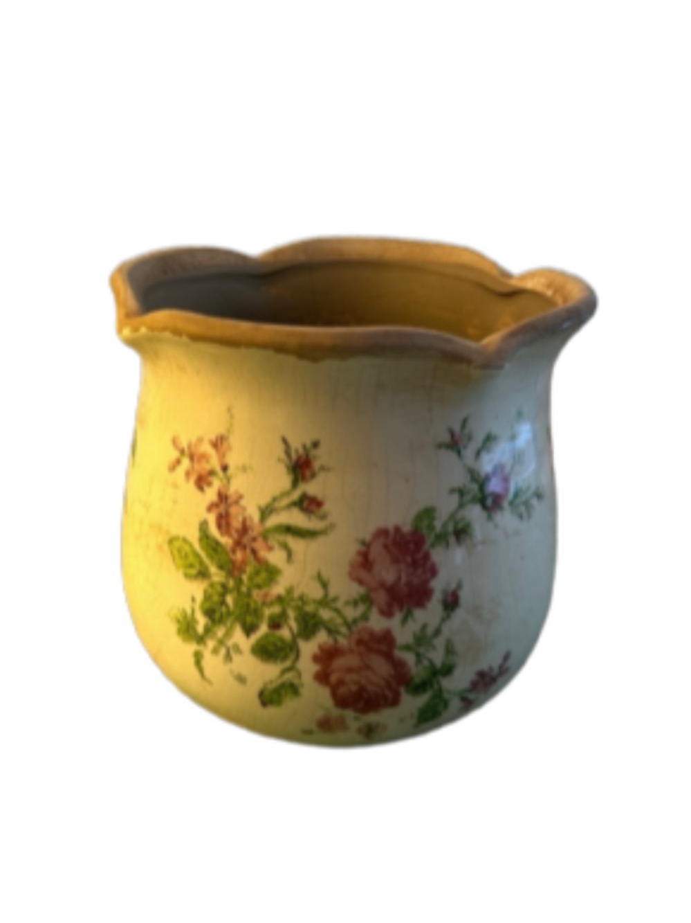 Floral Ceramic Vase in Cream with Pink Rose Accents